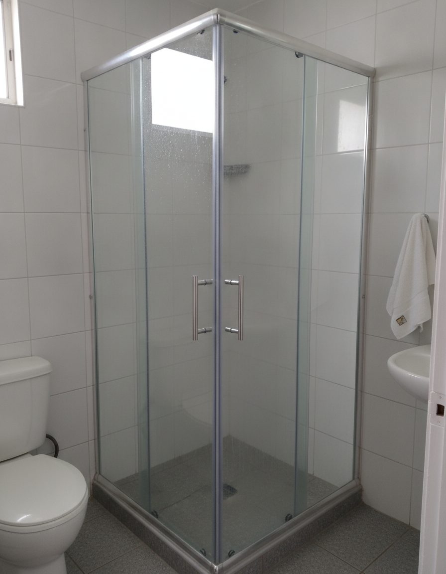 Cancel de baño de vidrio templado instalado en un baño de azulejo blanco