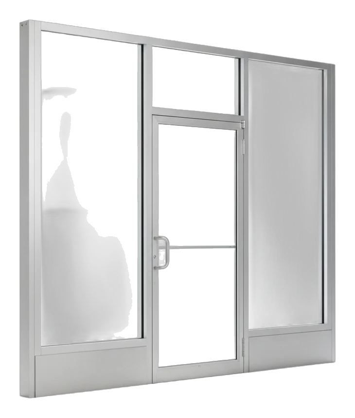 Módulo de fachada comercial de vidrio y aluminio con puerta al centro