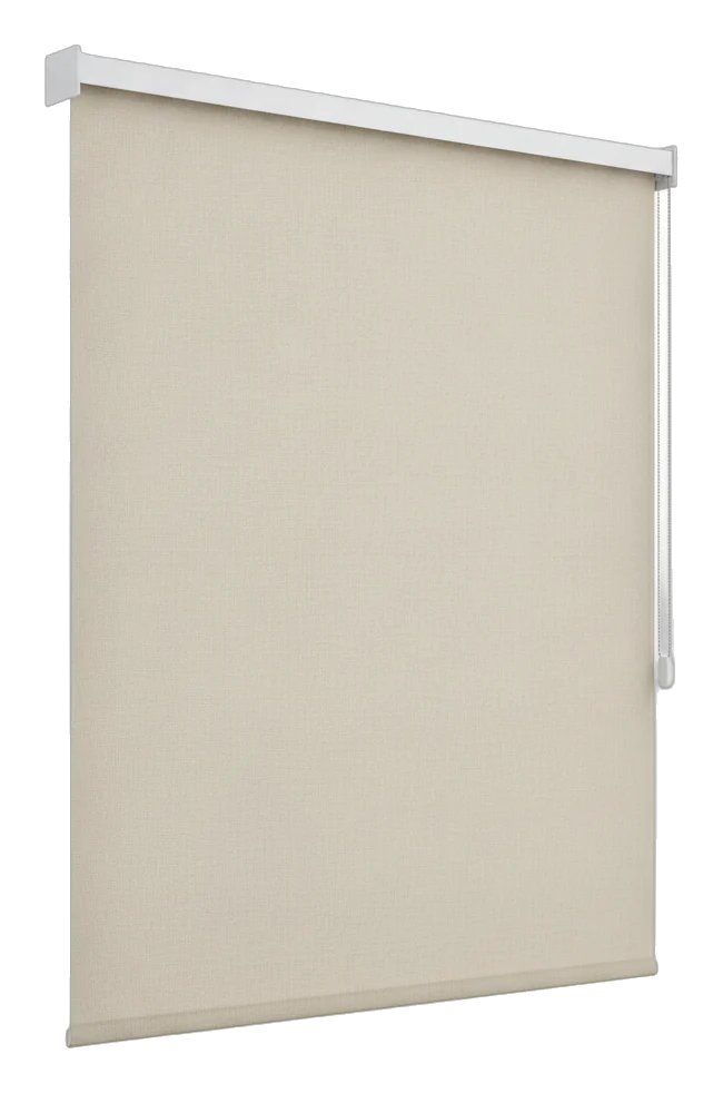 Persiana enrollable de tela beige con cabezal de aluminio blanco