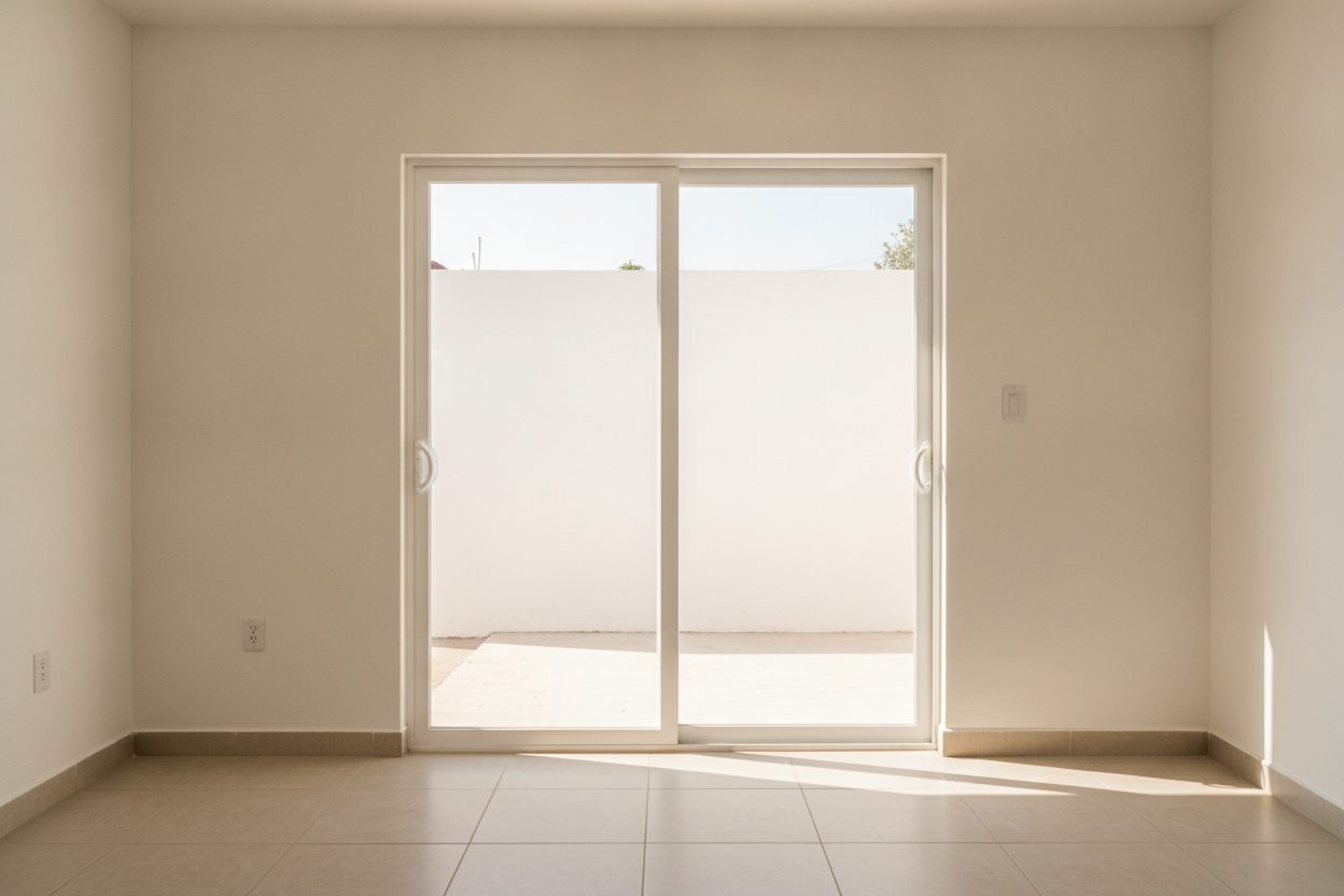 Puerta corrediza de aluminio blanco instalada en una sala con luz de tarde